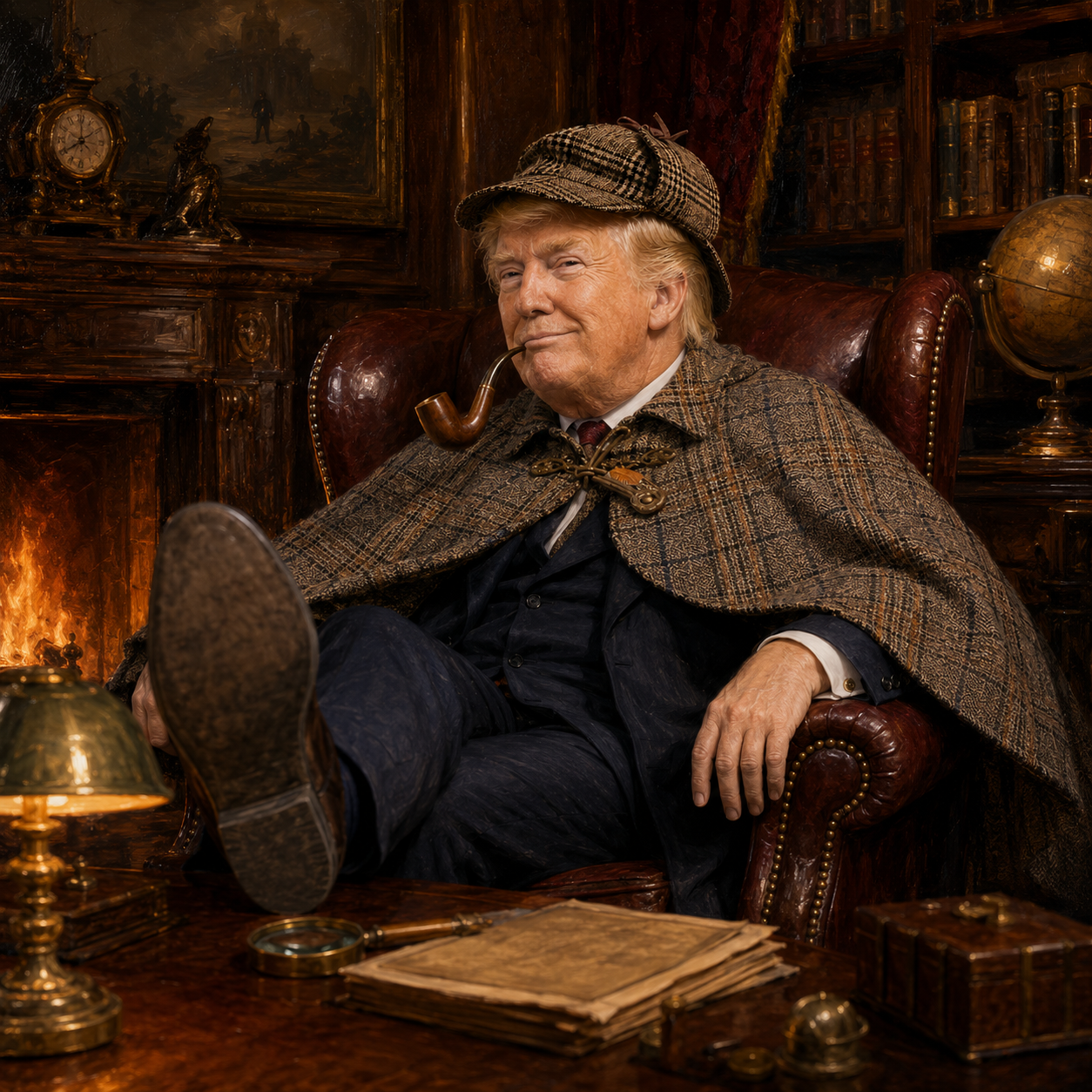 PipeTrump reviewing the file by the fire