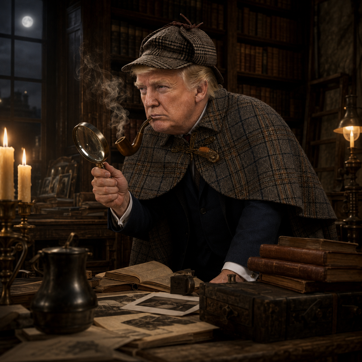 PipeTrump studying the evidence by candlelight
